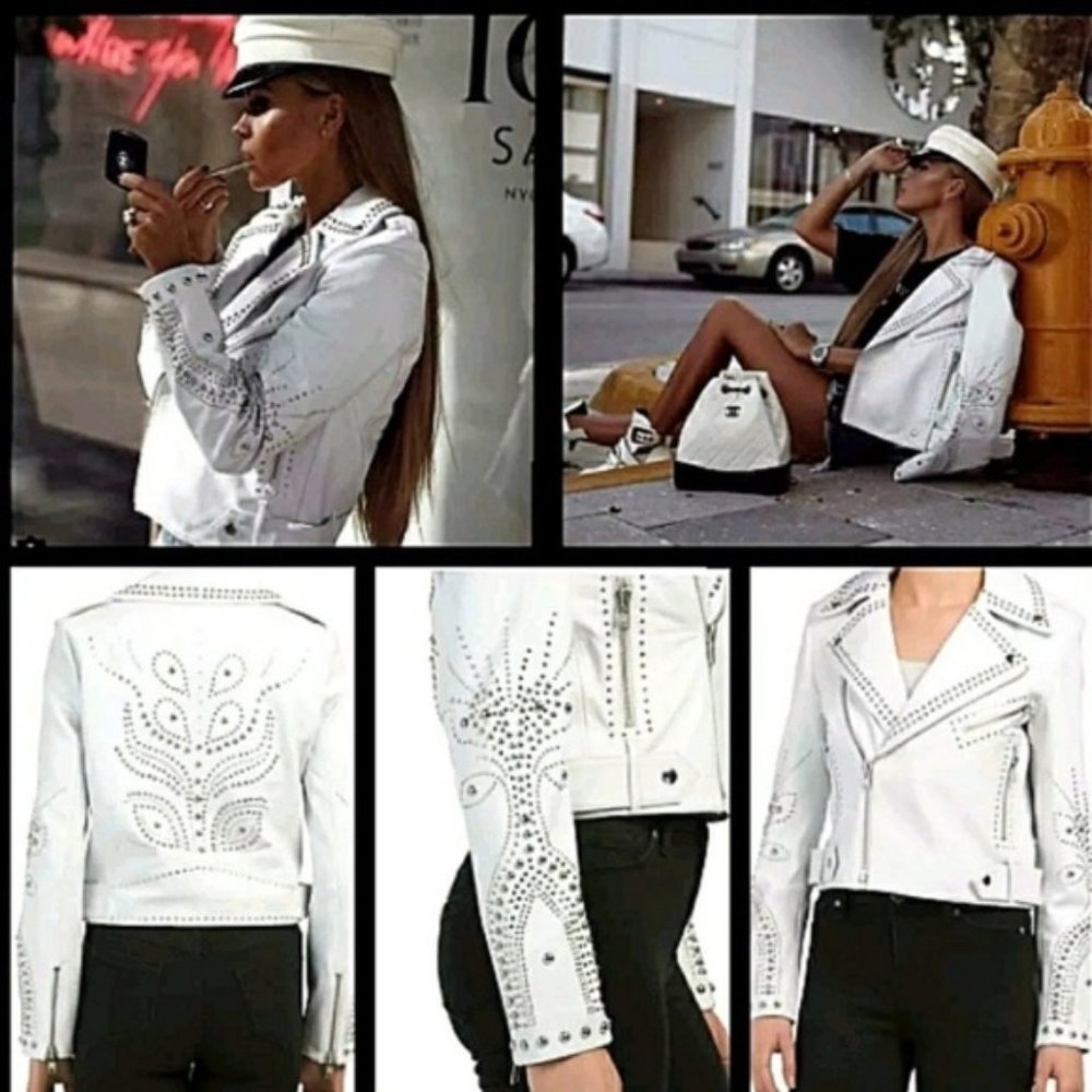 NWT Belle Vere White Leather Motorcycle Jacket